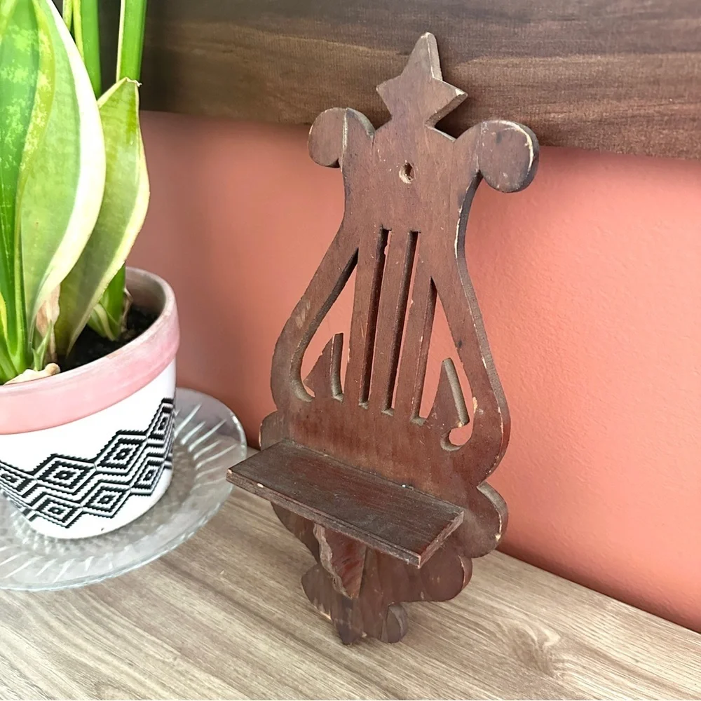 Antique Wood Harp Shelf Scroll Primitive Wall Hanging Shelf Vintage Handmade